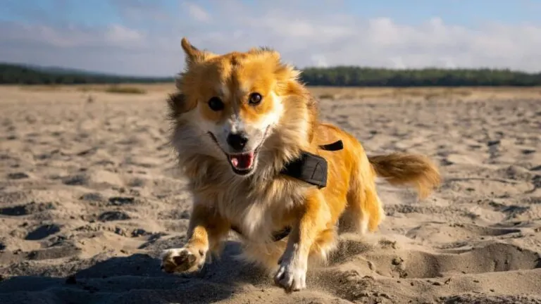 Веселый Корги бежит по пляжу