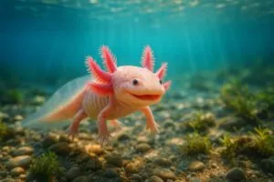 Рожевий аксолотль у воді