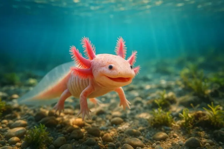 Рожевий аксолотль у воді