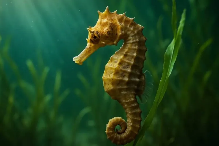 Морской конек на фоне зеленых водорослей