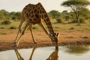 Жираф пытается попить воду