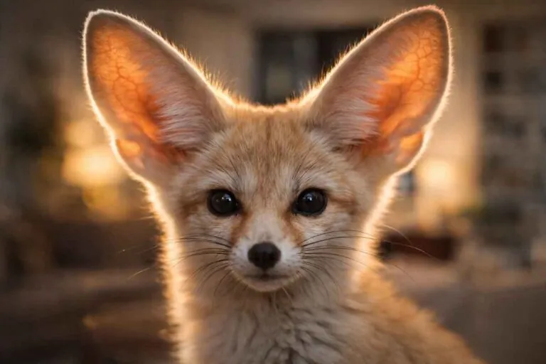 Портрет лисы фенек с огромными ушами в лучах солнца.