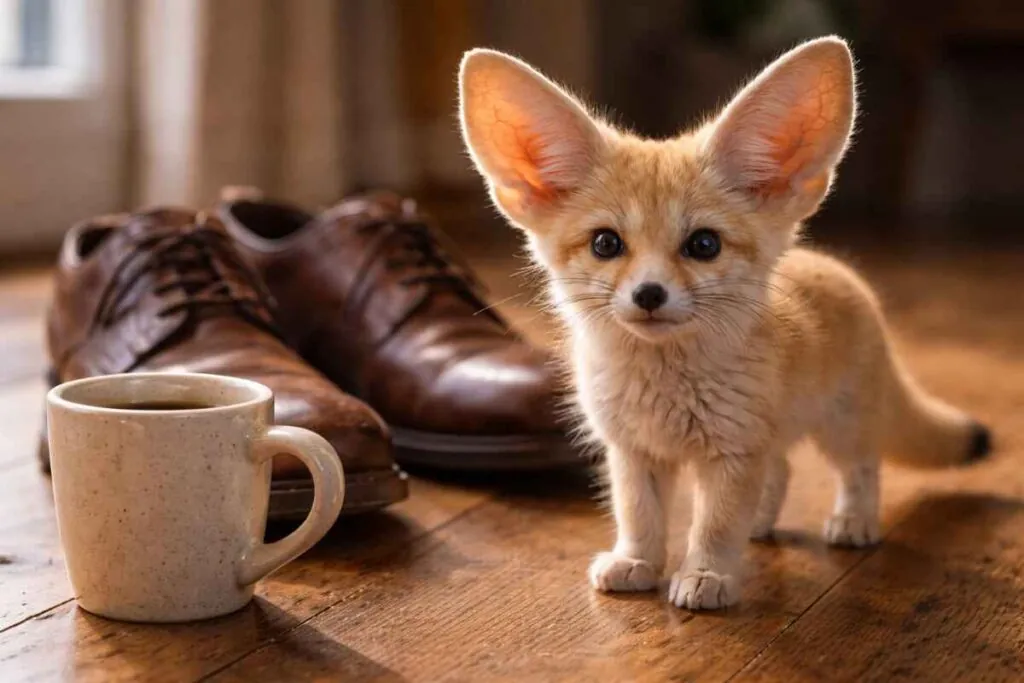 Лиса фенек рядом с обувью, которая демонстрирует ее миниатюрный размер.