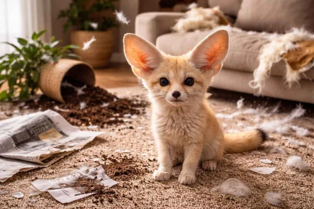 Забавный фенек на фоне разбросанных вещей в квартире.