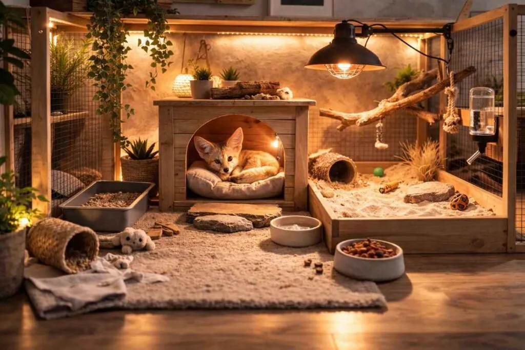 Обустроено место для жизни фенека в домашних условиях.