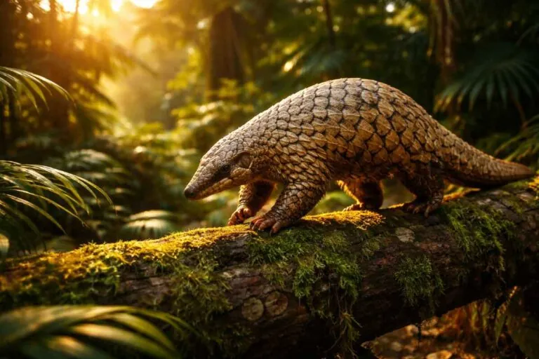 Панголин идет по дереву в джунглях