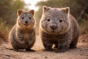Квока та вомбат разом, дивляться в камеру на австралійській доріжці.