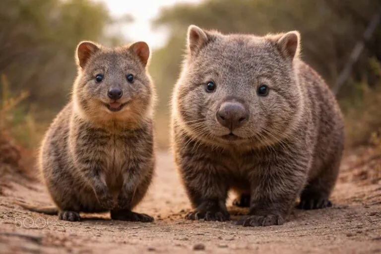 Квока та вомбат разом, дивляться в камеру на австралійській доріжці.