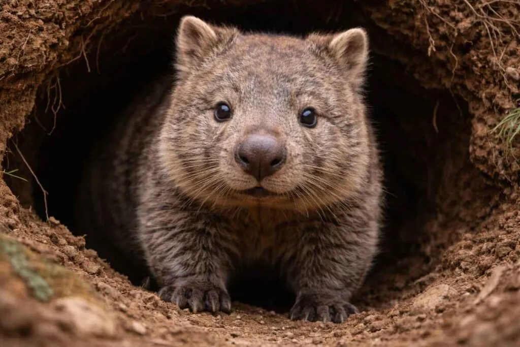 Вомбат визирає зі входу до своєї підземної нори в Австралії.