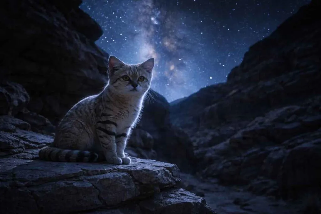 Барханний кіт сидить вночі на камені при луні