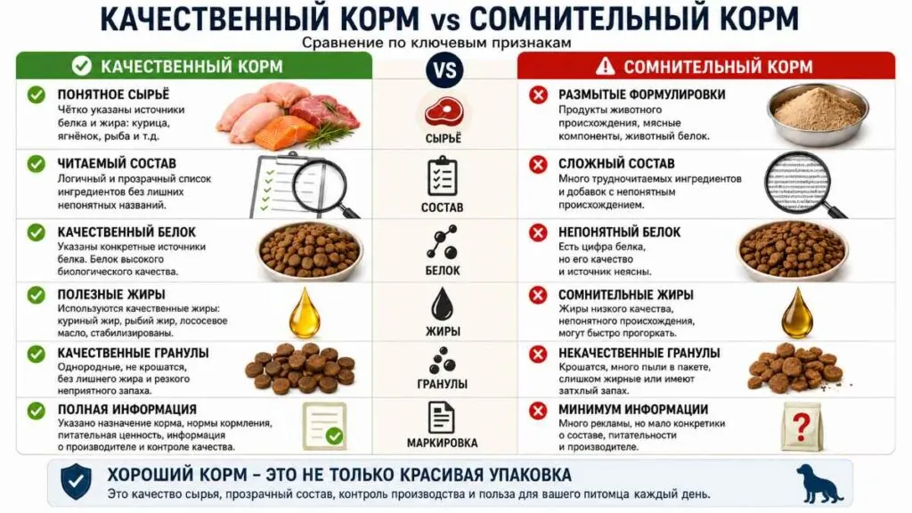 собачий корм, сравнение  написанного от возможного состава