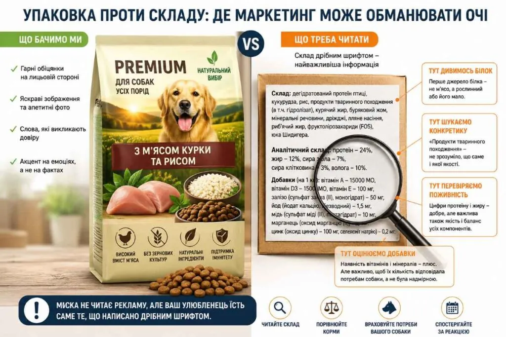 упаковку корму для собак з описом про наповнення